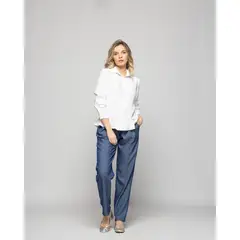 LUDOVICA - Blusa Mujer Cala Camisera Lisa Con Volante En Basta Blanca Crudo