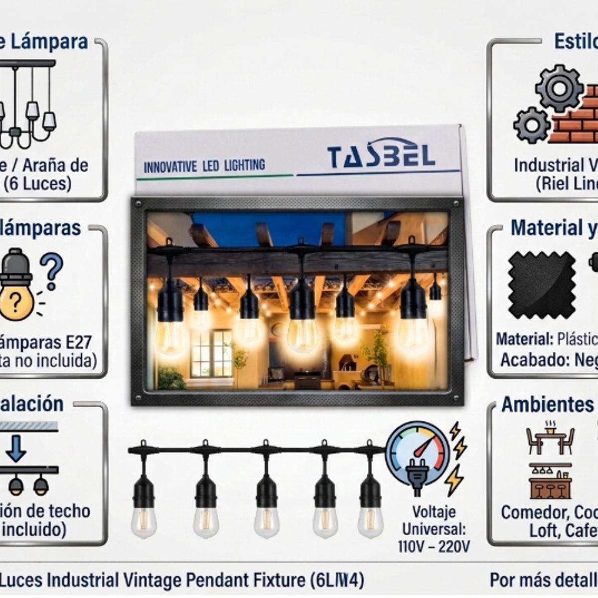 TASBEL - Lámpara Colgante Industrial LED Tassel 6 Luces Vintage Edision Techo