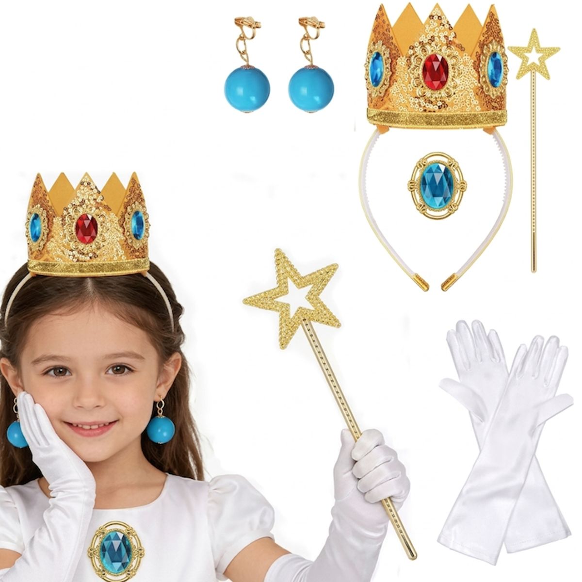 GENERICO - Cosplay Princesa Rosalina o Peach 6 Piezas Corona Varita Guantes