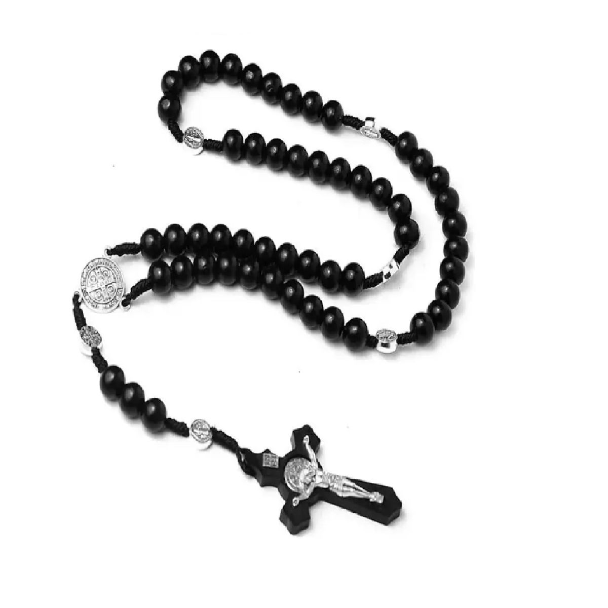 GENERICO - Collar Rosario Católico Madera Medallas De San Benito Cruz