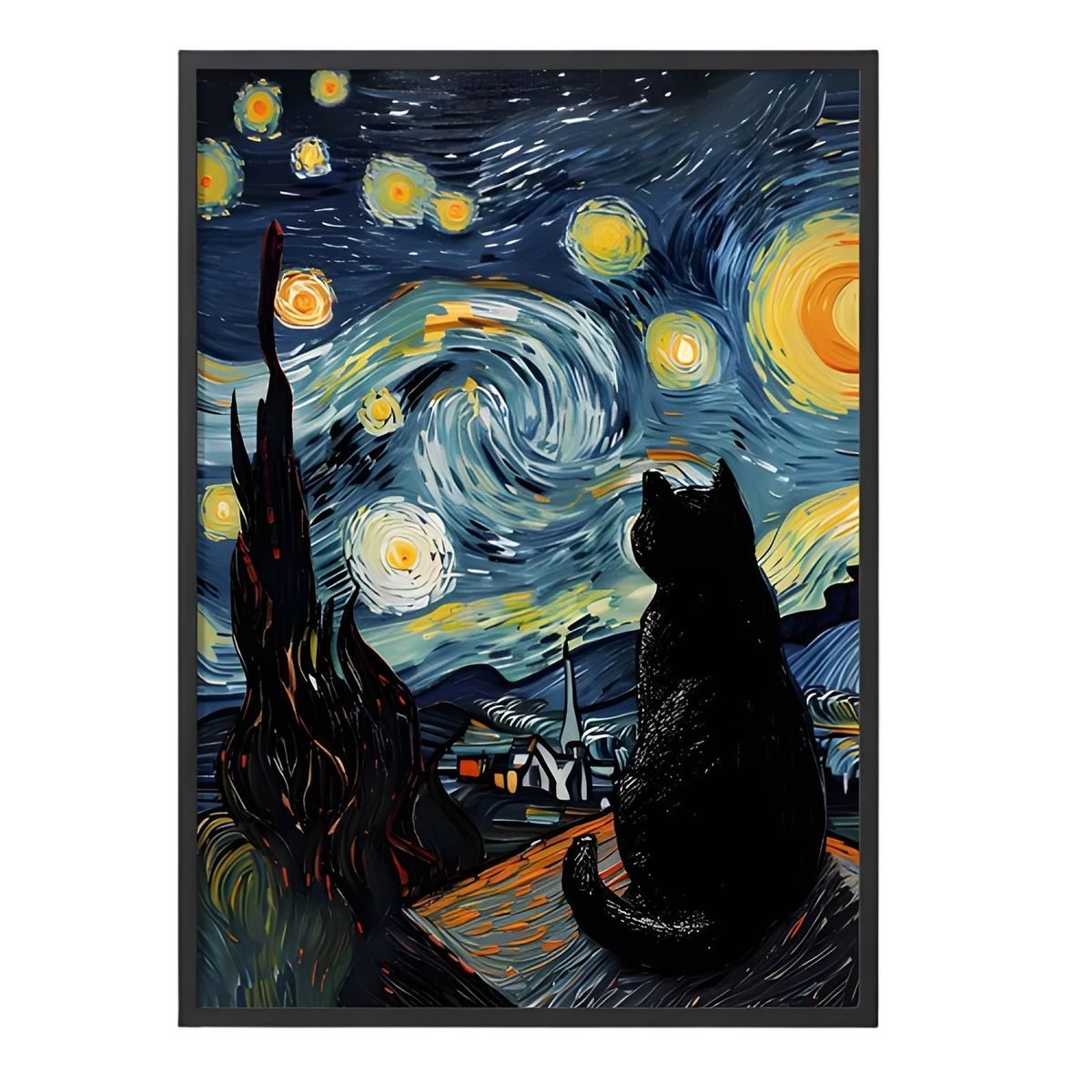 GENERICO - Cuadro Poster Gato Noche Estrellada Negro