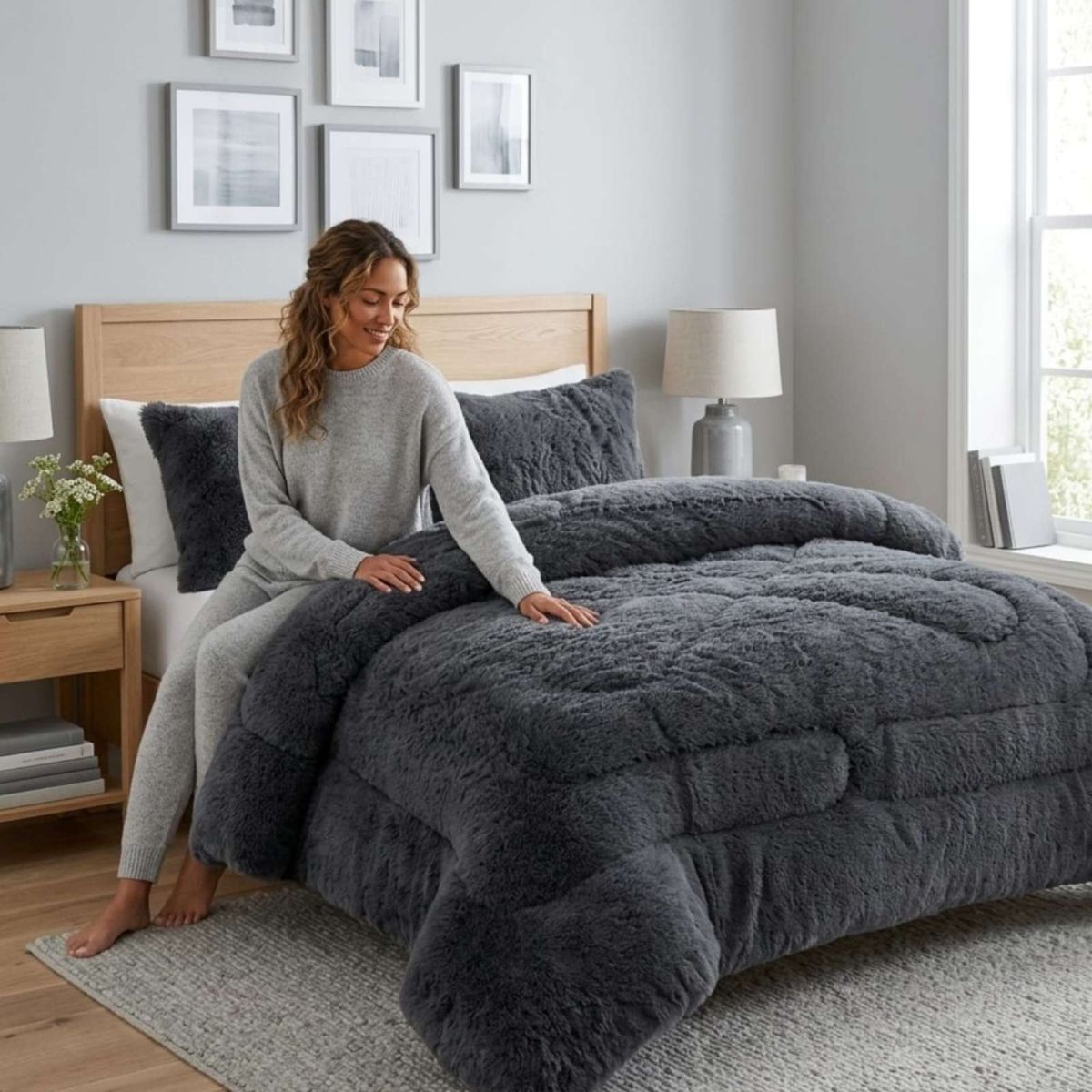 GENERICO - Plumón Pelo Largo 2 Plazas Acolchado Invierno + Fundas