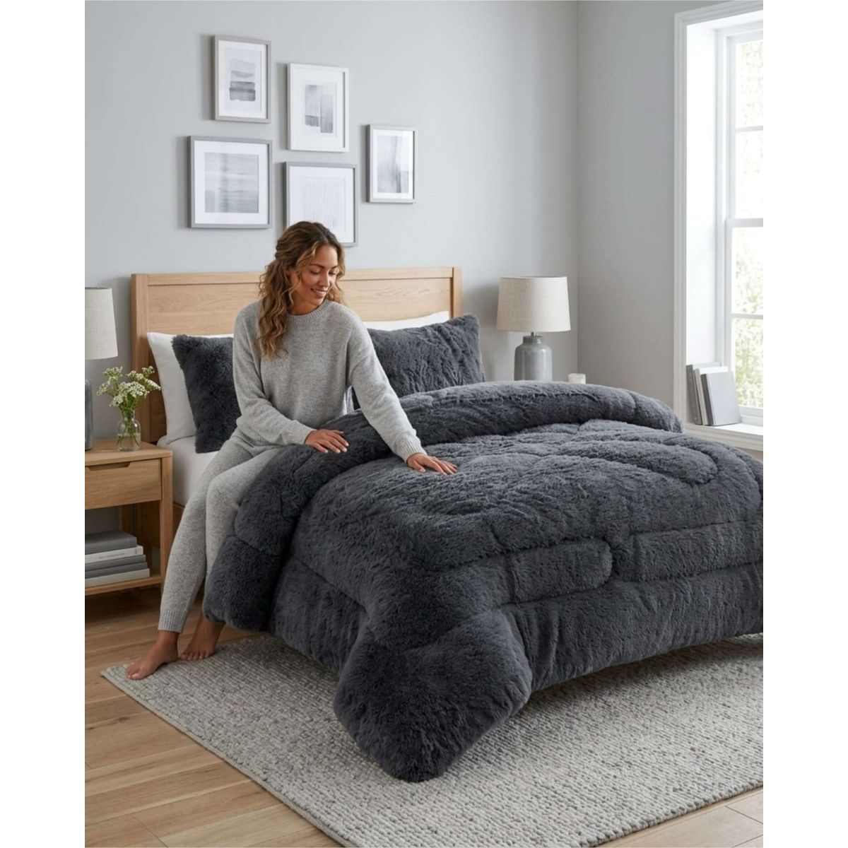 GENERICO - Plumón Pelo Largo 2 Plazas Acolchado Invierno + Fundas