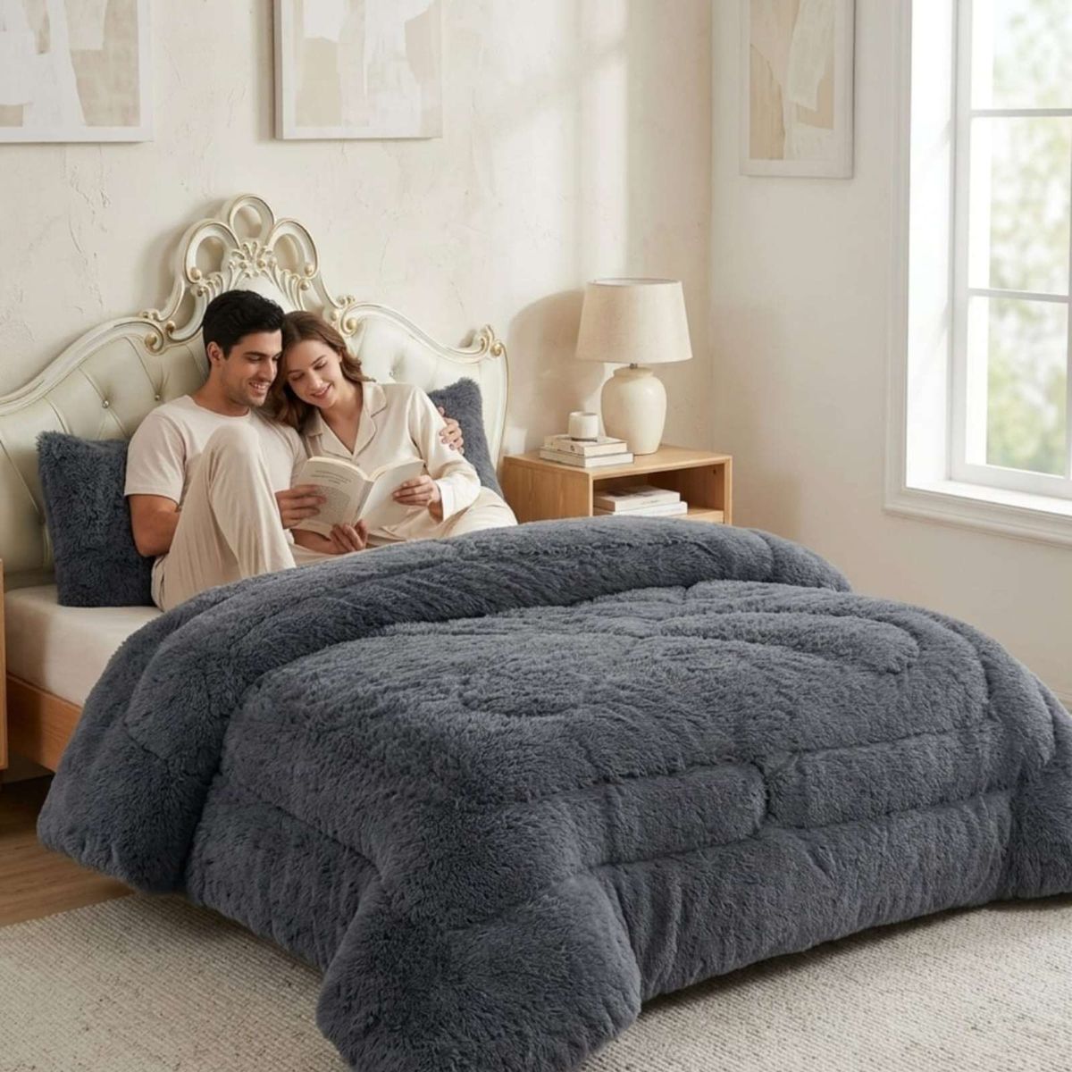 GENERICO - Plumón Pelo Largo 2 Plazas Acolchado Invierno + Fundas