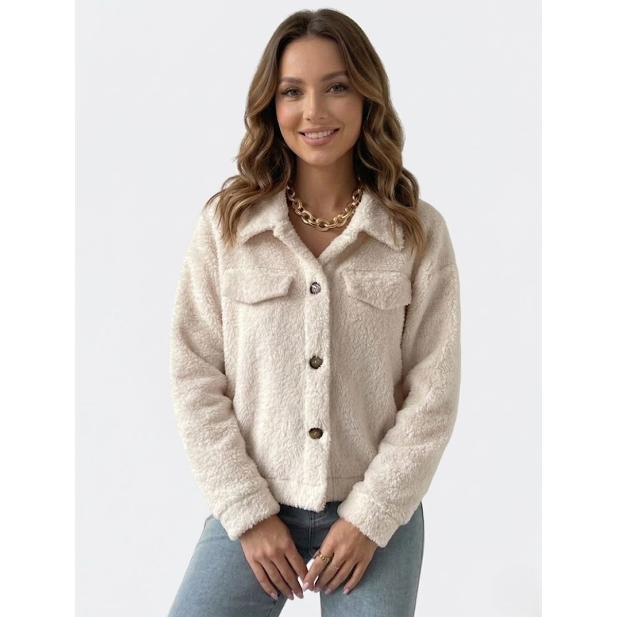 HAMI BOUTIQUE - Chaqueta Abrigo Chiporro Beige Crema - Diseño Teddy Con Botones y Bolsillos Decorativos