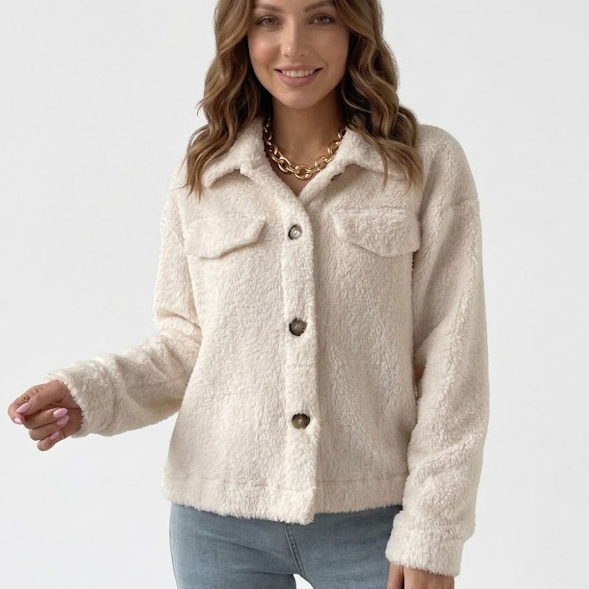 HAMI BOUTIQUE - Chaqueta Abrigo Chiporro Beige Crema - Diseño Teddy Con Botones y Bolsillos Decorativos