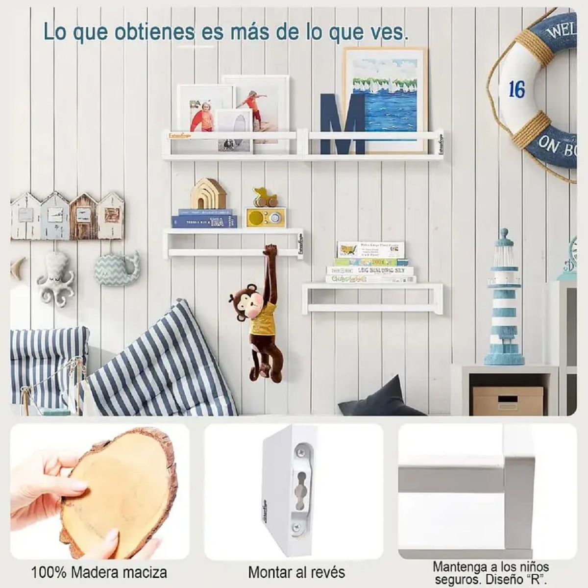 GENERICO - Set 4 Repisas De Madera Con Baranda De Seguridad Flotantes