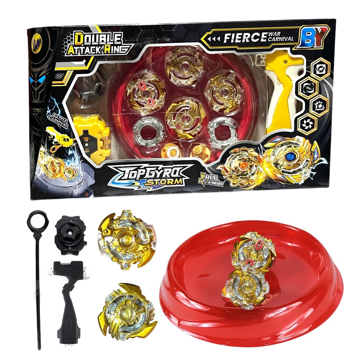 GENERICO - Box o Set Bley Blade, 2 Trompos de batalla con 4 carcasas, 2 Lanzadores y Bey Mini Estadio.