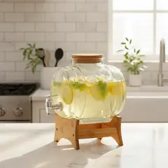 GENERICO - X2 Dispensador Jugo Vidrio Bambu Bebidas Hogar Elegante 5.5 Lit