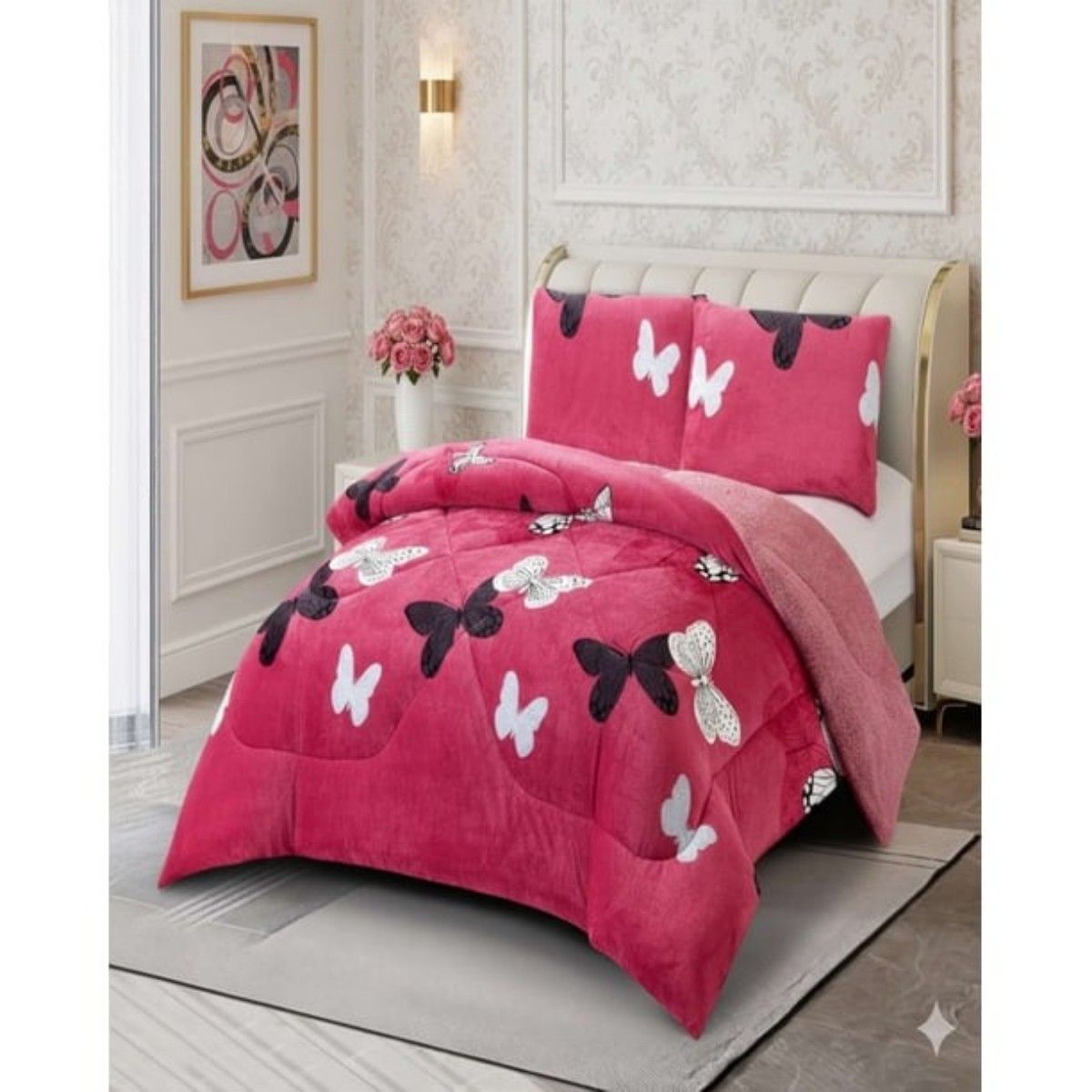 GENERICO - Cubrecama Plush Con Chiporro  De Invierno 1.5 Plaza Infantil Diseño Mariposas