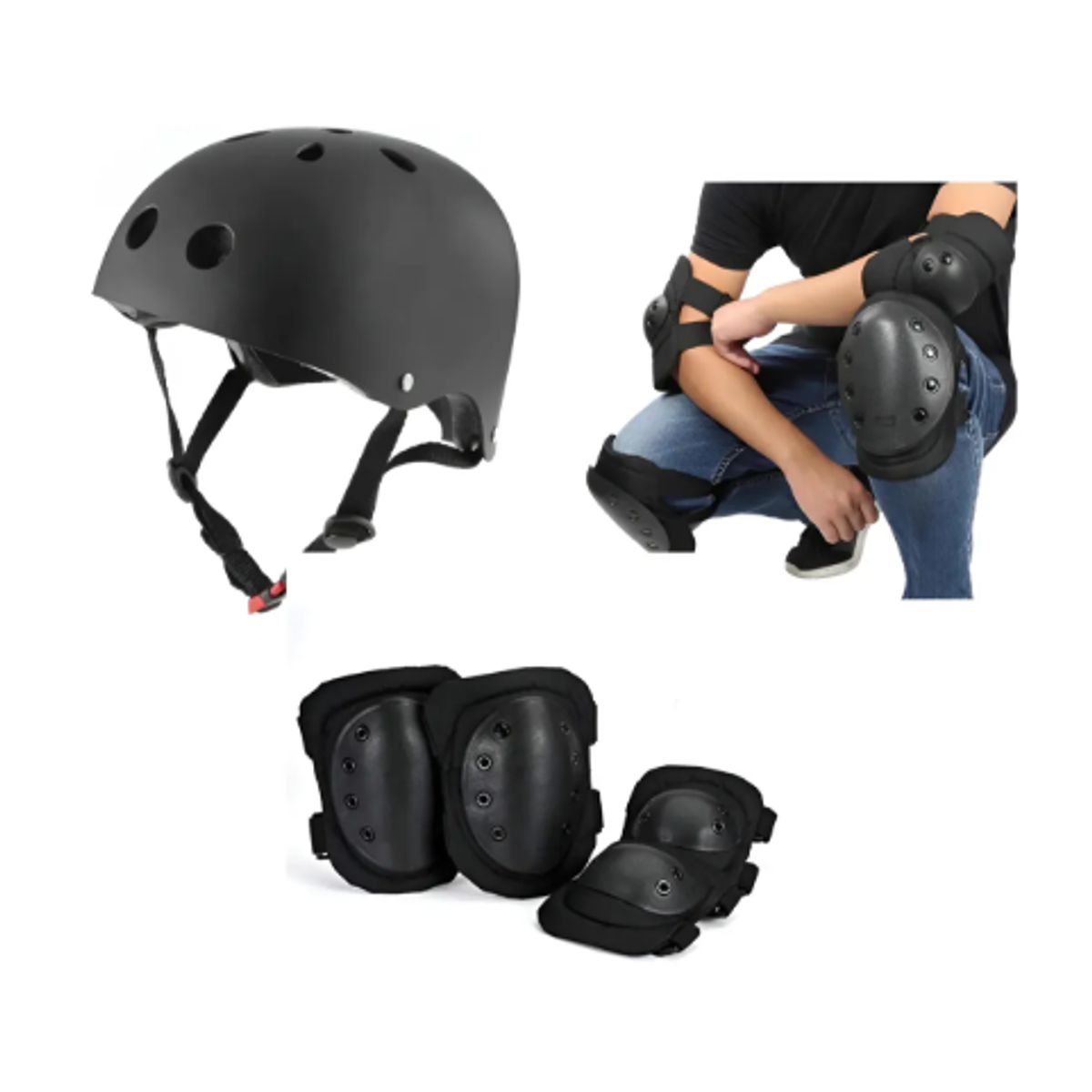 GENERICO - Set Proteccion Skate Casco Negro + Rodilleras Y Coderas