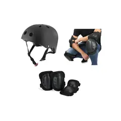 GENERICO - Set Proteccion Skate Casco Negro + Rodilleras Y Coderas