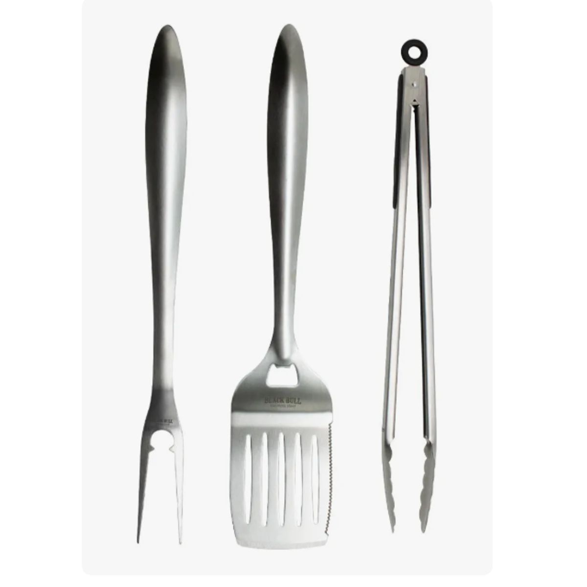 GENERICO - Set Parrillero de Acero Inoxidable Black Bull 3 Piezas Espátula Pinza Tenedor