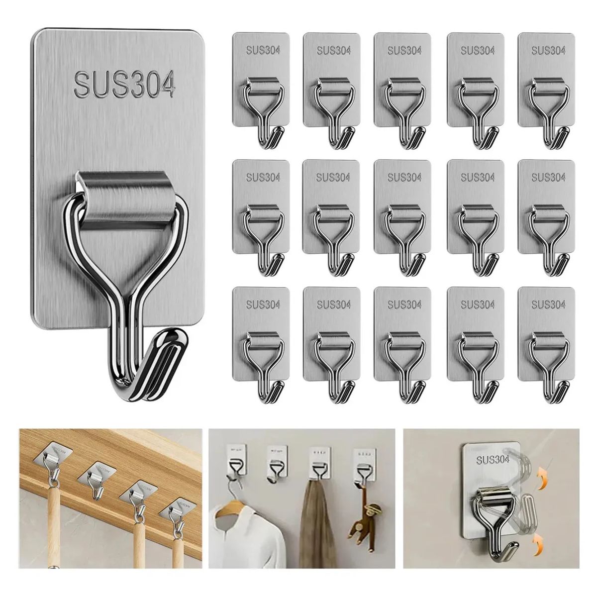 GENERICO - 20Pcs Ganchos Adhesivos Acero Inoxidable Impermeable Para Baños Hogar Cocina