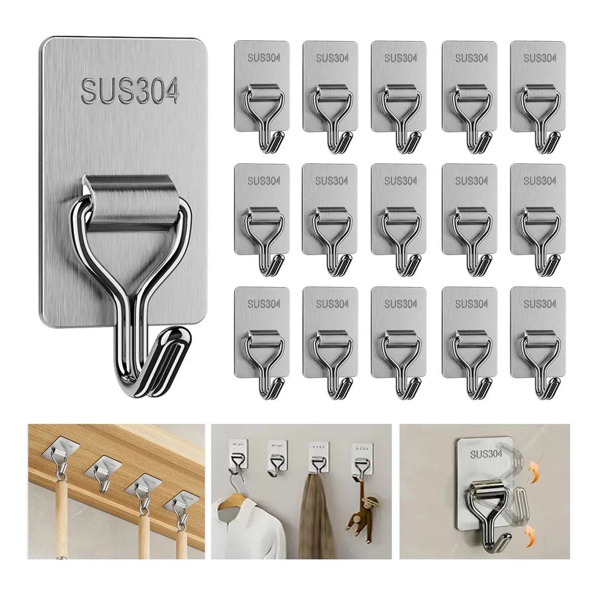 GENERICO - 20Pcs Ganchos Adhesivos Acero Inoxidable Impermeable Para Baños Hogar Cocina