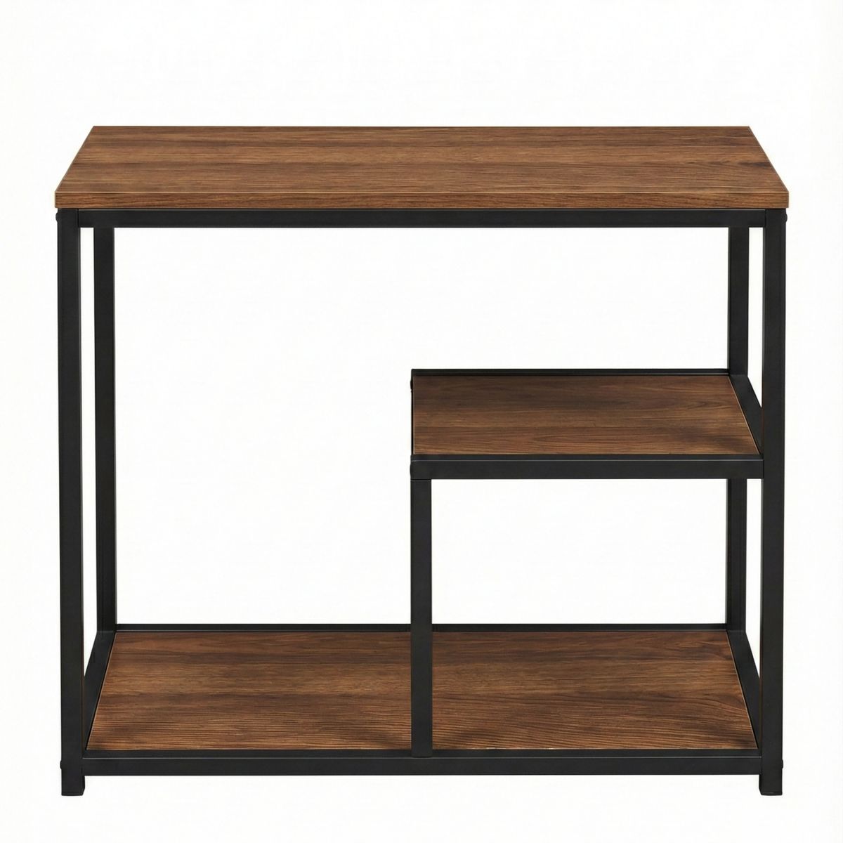 GENERICO - Mesa Auxiliar De Hierro Mesa Lateral Industrial Nogal Negro 3 Niveles 60x30x68cm Madera Metal