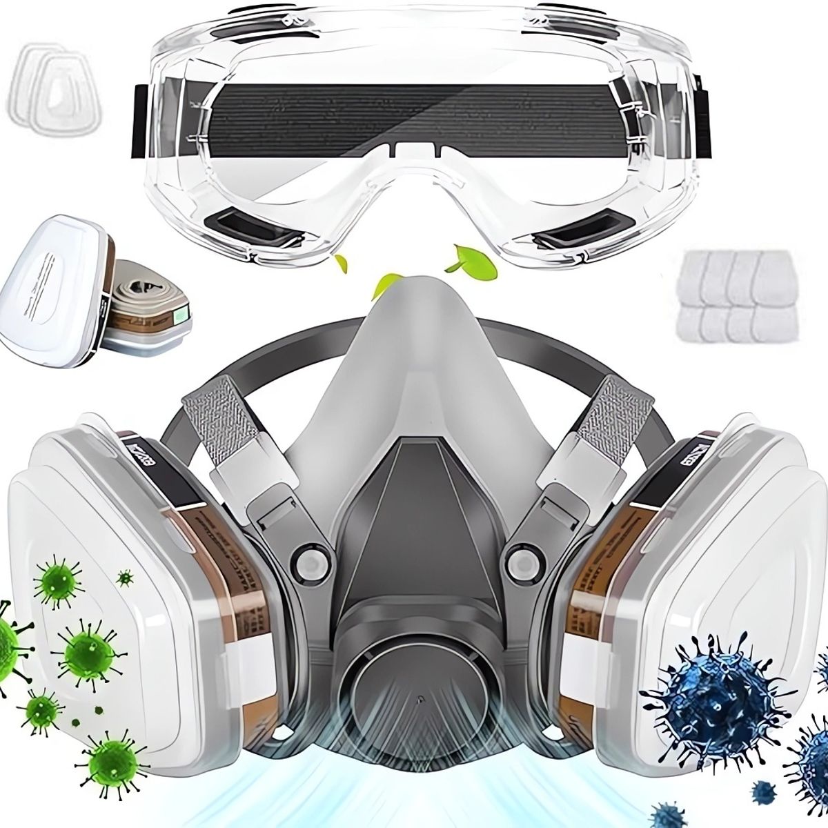 KUANGYE - Máscara Gas 6200 Reutilizable Con Gafas Seguridad Y 8 Filtros Algodón  Para Proteger Polvo,Pintura