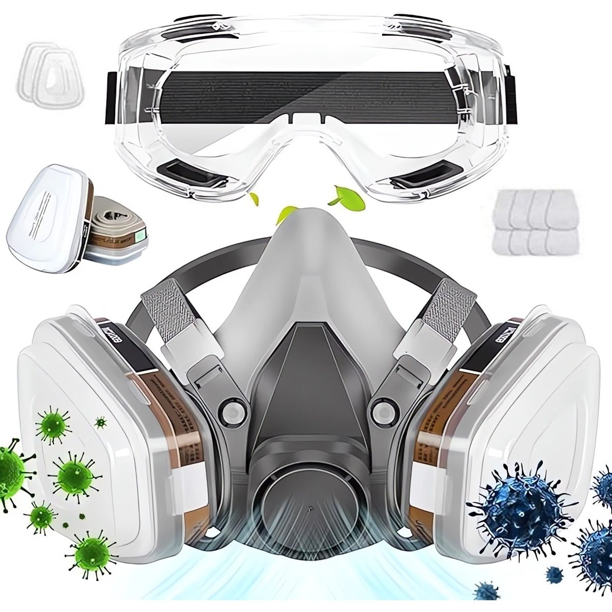 KUANGYE - Máscara Gas 6200 Reutilizable Con Gafas Seguridad Y 8 Filtros Algodón  Para Proteger Polvo,Pintura