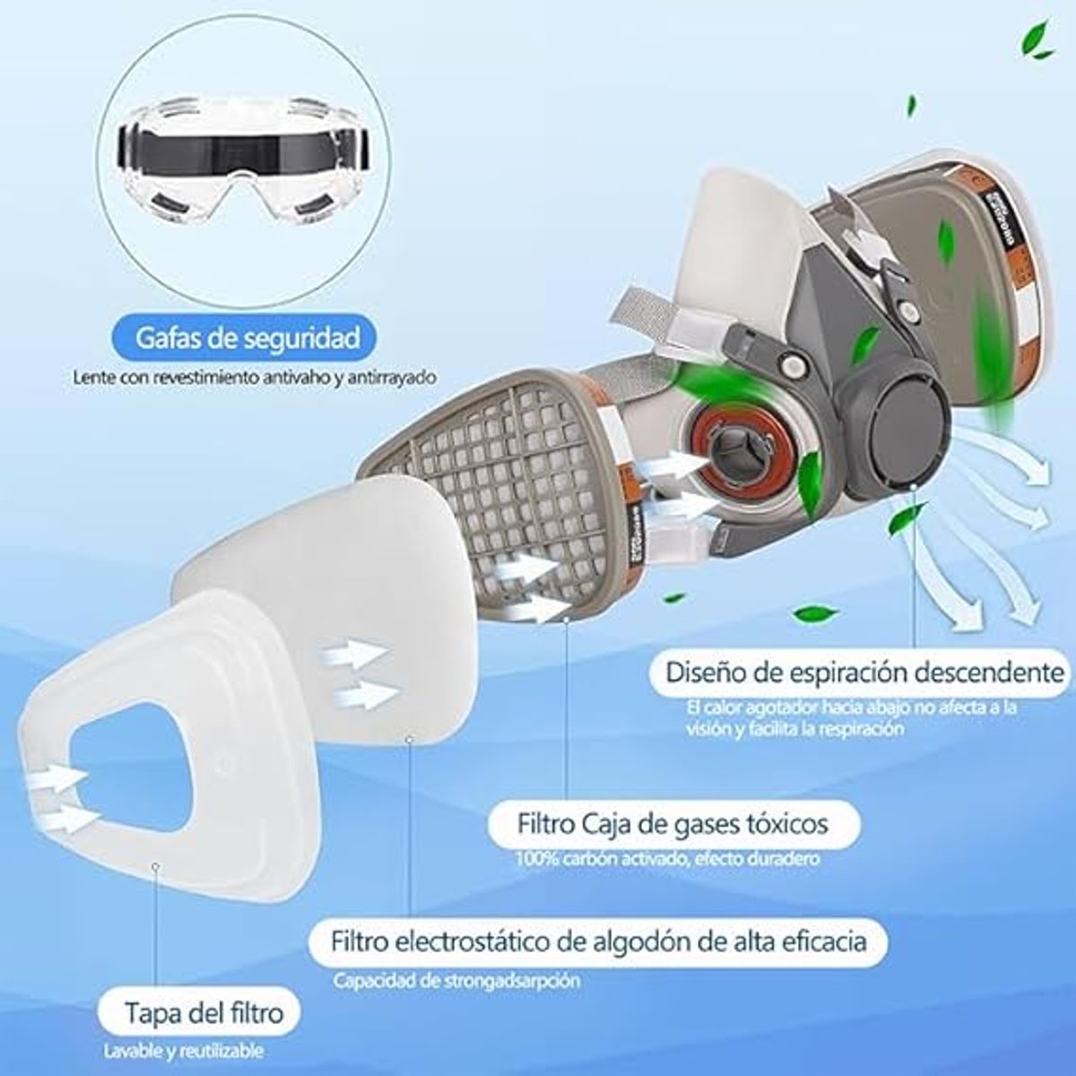 KUANGYE - Máscara Gas 6200 Reutilizable Con Gafas Seguridad Y 8 Filtros Algodón  Para Proteger Polvo,Pintura