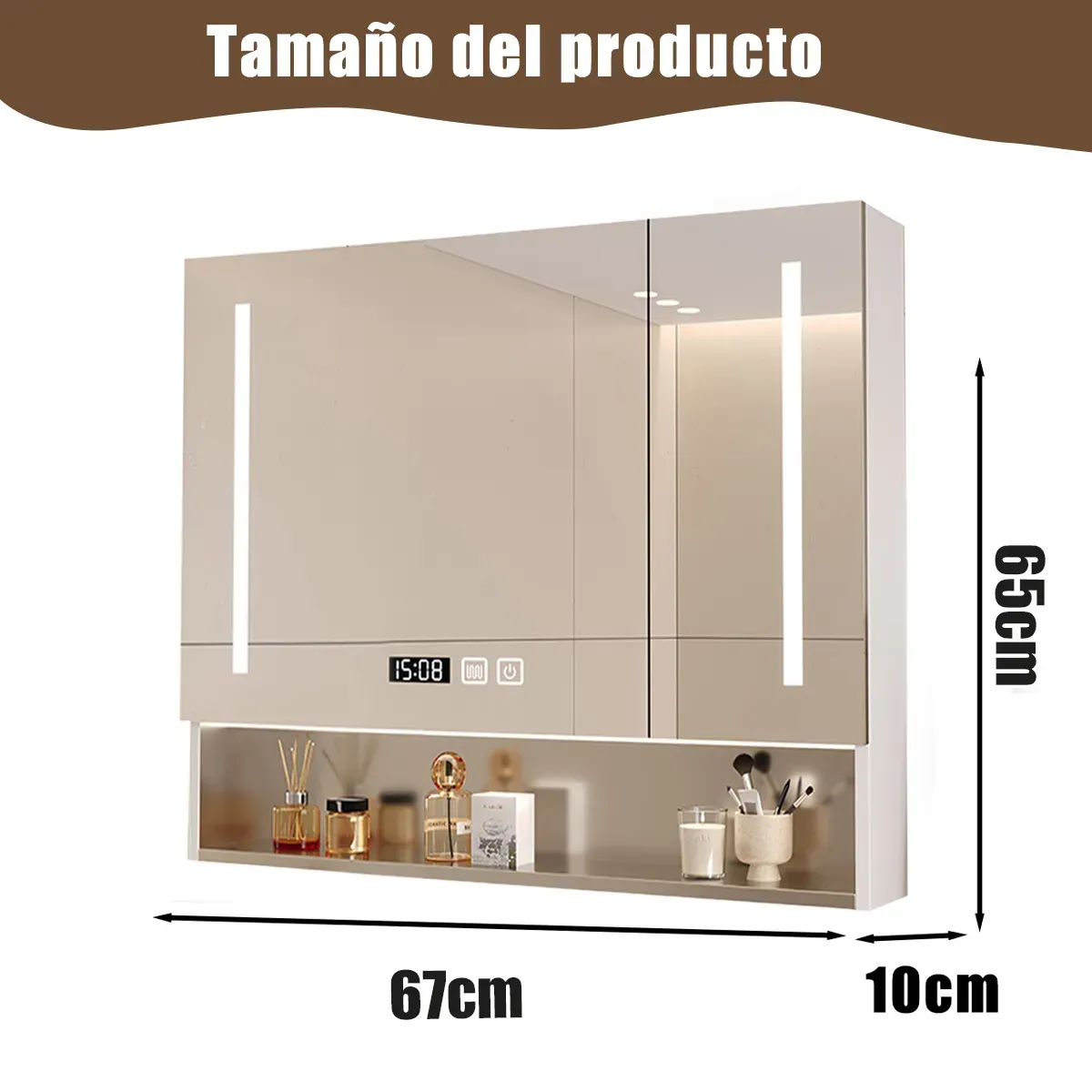 WUWAWDOGA - Mueble Baño Botiquin Con Espejo Y Luz Gabinete Organizador 65x67x10cm Gris