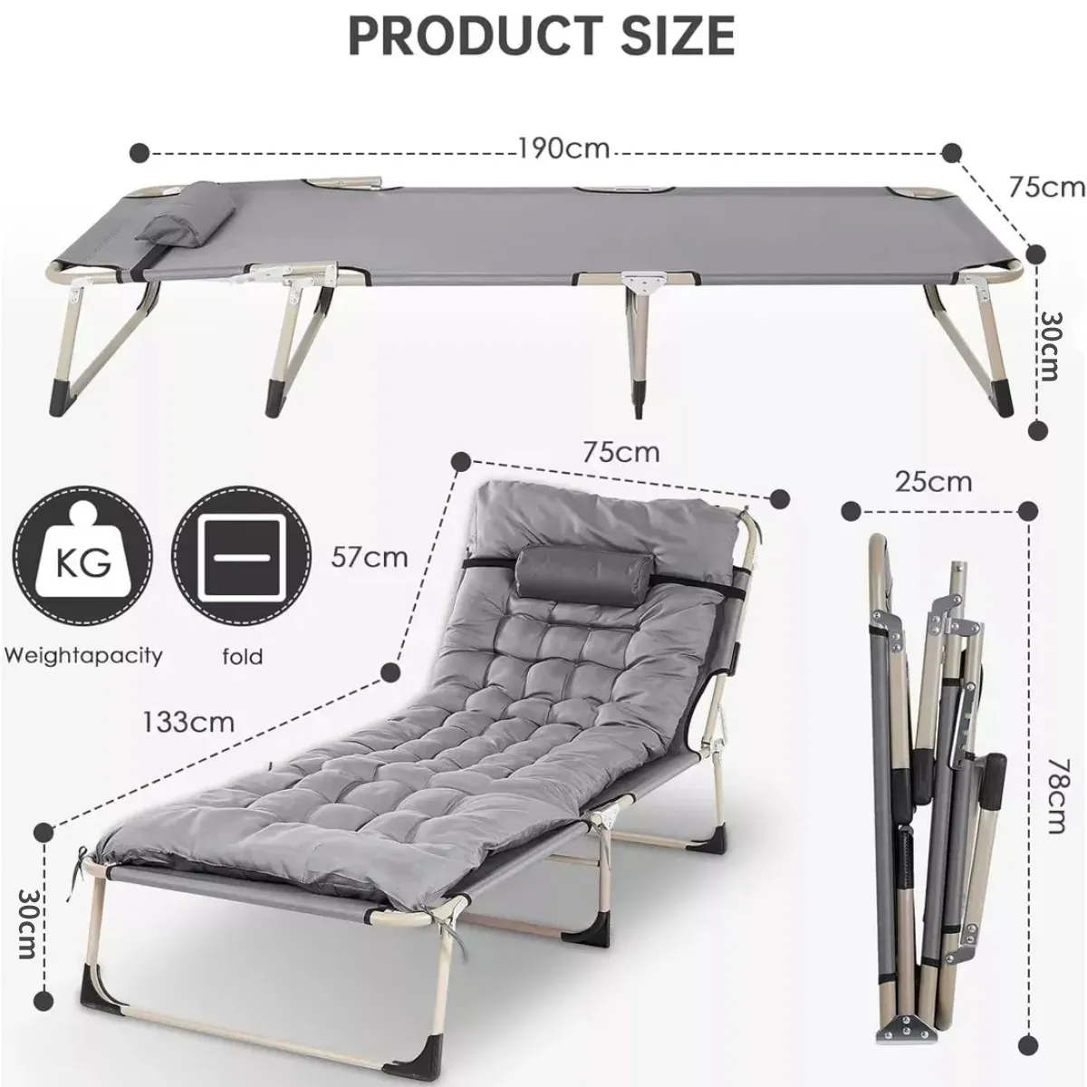 ATURE - Cama Plegable Portatil Reforzada Colchon Desmontable Gris