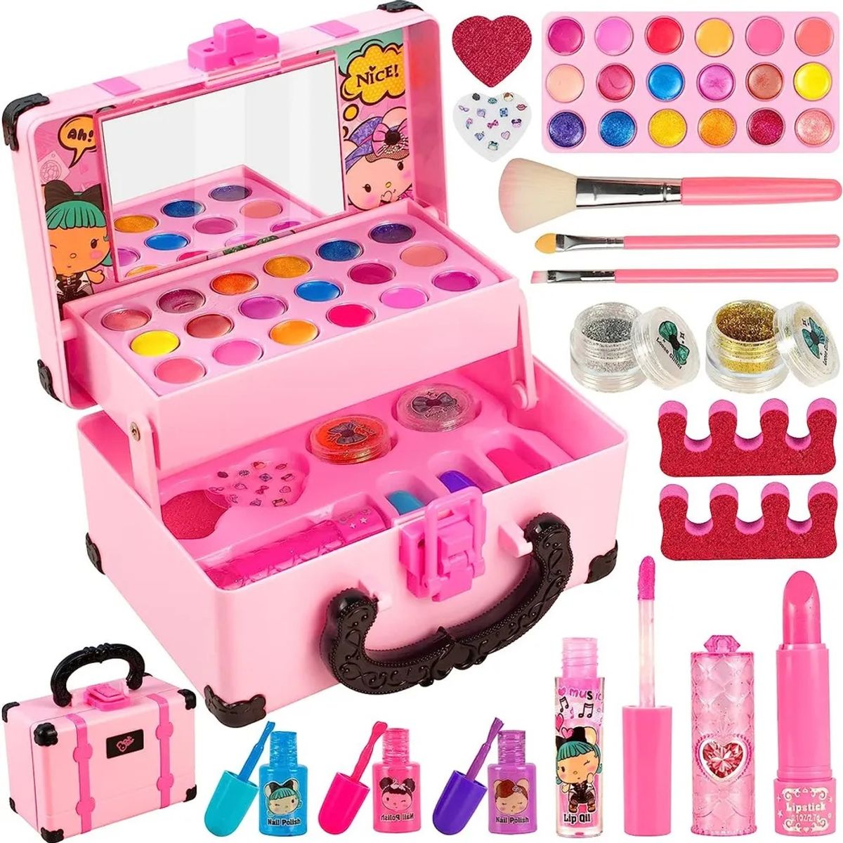 KUANGYE - Kit De Juguete para Niñas Kit de Maleta de Maquillaje Lavables simulado no tóxico 32 pcs