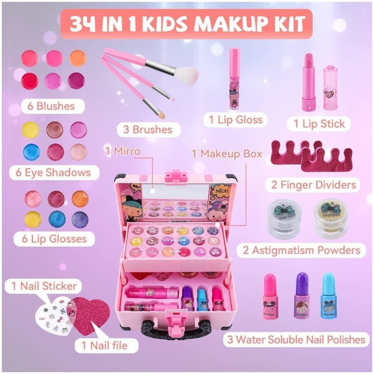 KUANGYE - Kit De Juguete para Niñas Kit de Maleta de Maquillaje Lavables simulado no tóxico 32 pcs