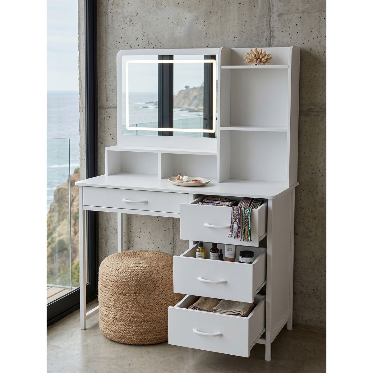 GENERICO - Tocador Mesa De Maquillaje Blanco Con Espejo Led Y 4 Cajones de tela 90x45x137cm