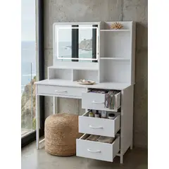 GENERICO - Tocador Mesa De Maquillaje Blanco Con Espejo Led Y 4 Cajones de tela 90x45x137cm