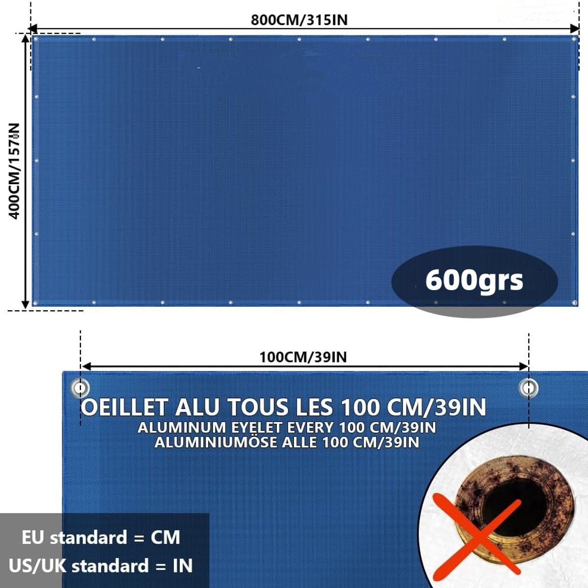 KUANGYE - Cobertor De Piscina Alta Calidad 600 grs, Resistente Al Sol 8x4m, Con Ojetillos