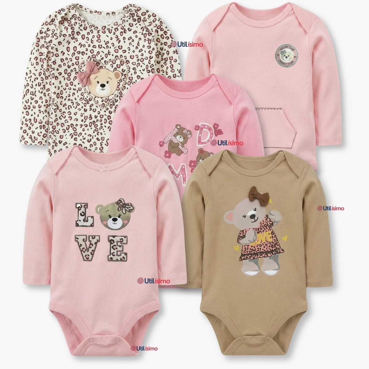 TEDMIMAK - Pack 5 Bodys Manga Larga 100% Algodón Bebé Niña
