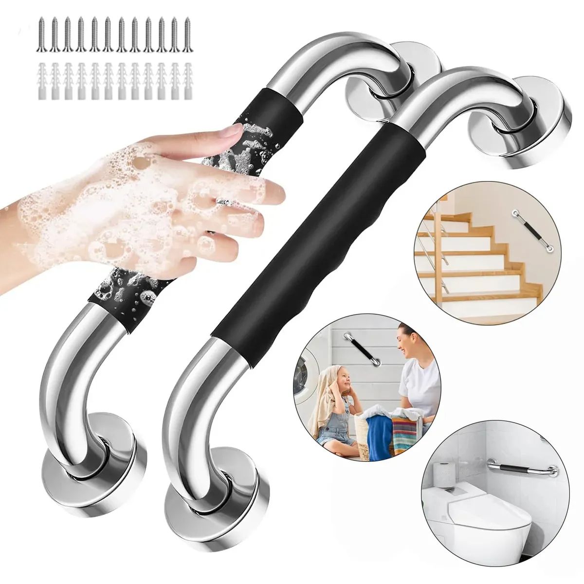 Barra De Seguridad Para Baño Acero Inoxidable 30cm 2pcs, Barras De Agarre Antideslizantes Para Ducha, marca EVERSO - Foto 2