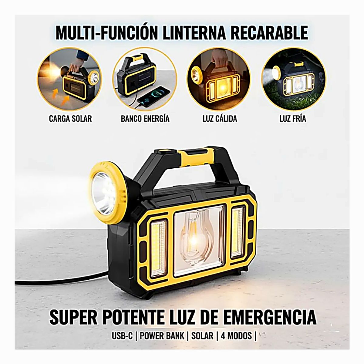 MOVI - Linterna De Emergencia Recargable Multiusos Con Panel Solar