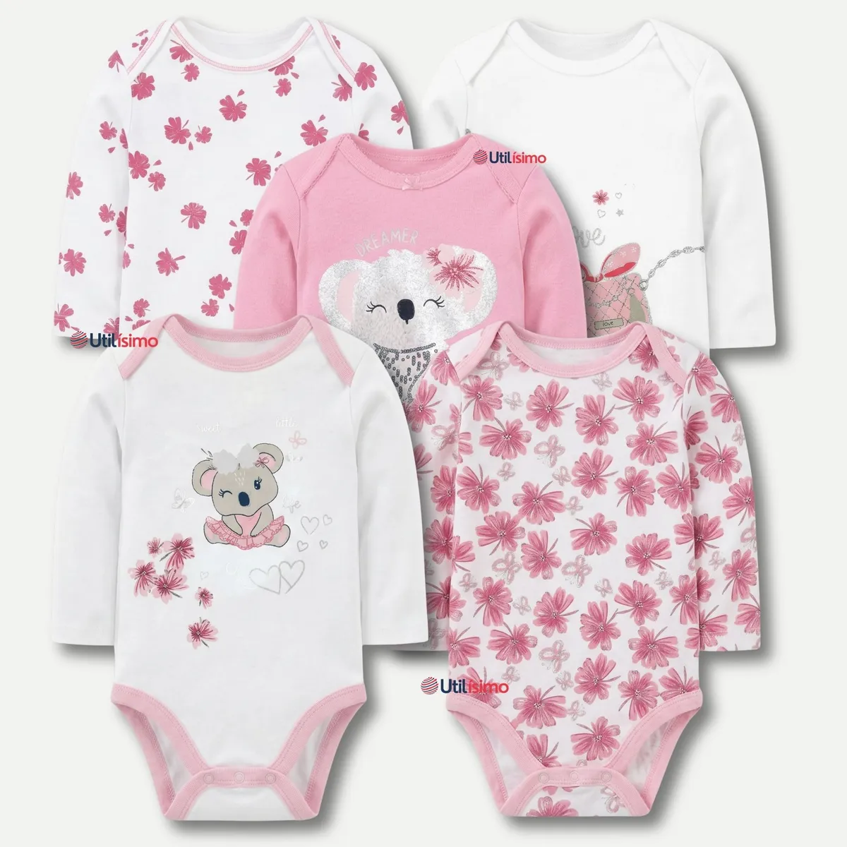 TEDMIMAK - Pack 5 Bodys Manga Larga 100% Algodón Bebé Niña