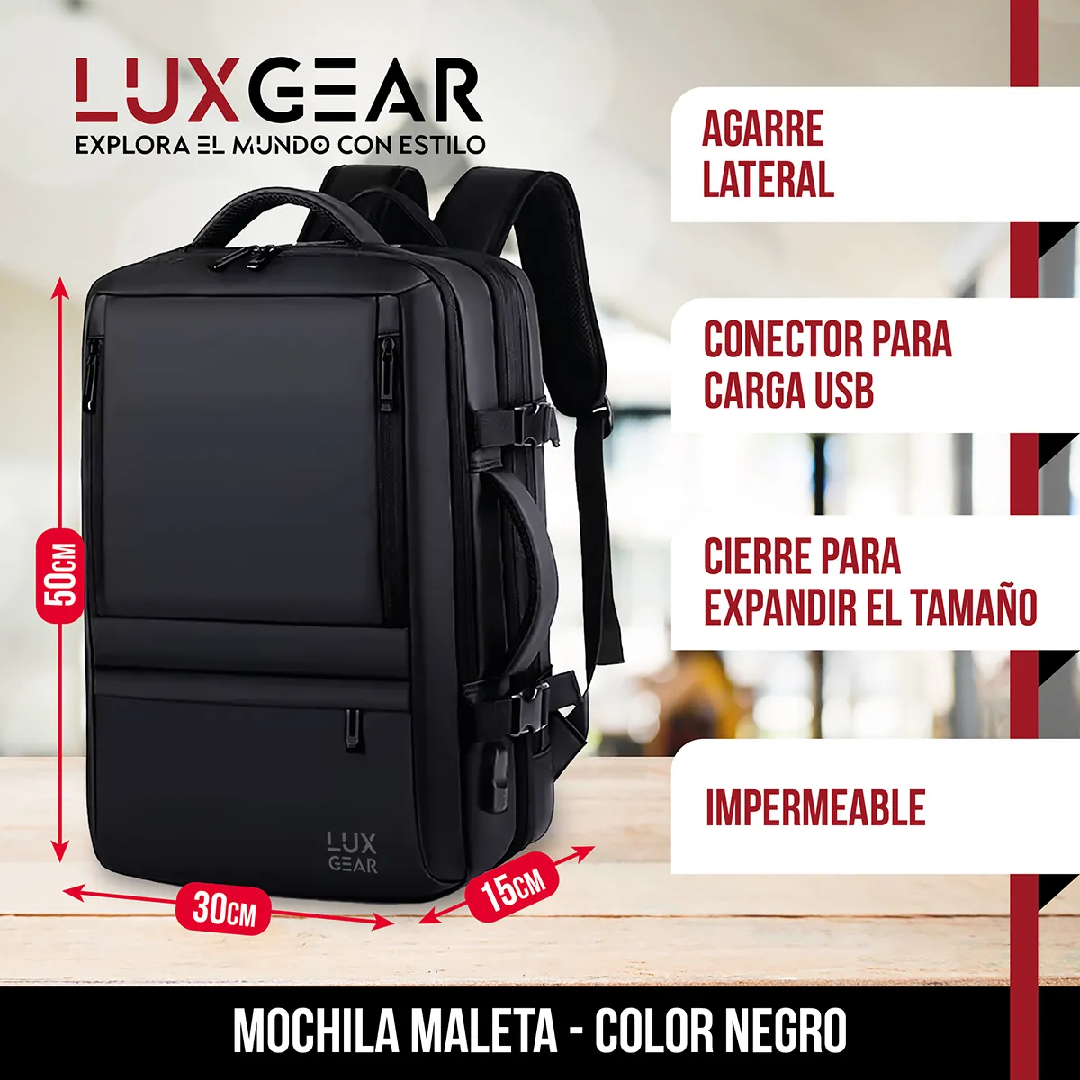 LUXGEAR - Mochila Maleta Viaje Cabina Luxgear Notebook Impermeable 48L