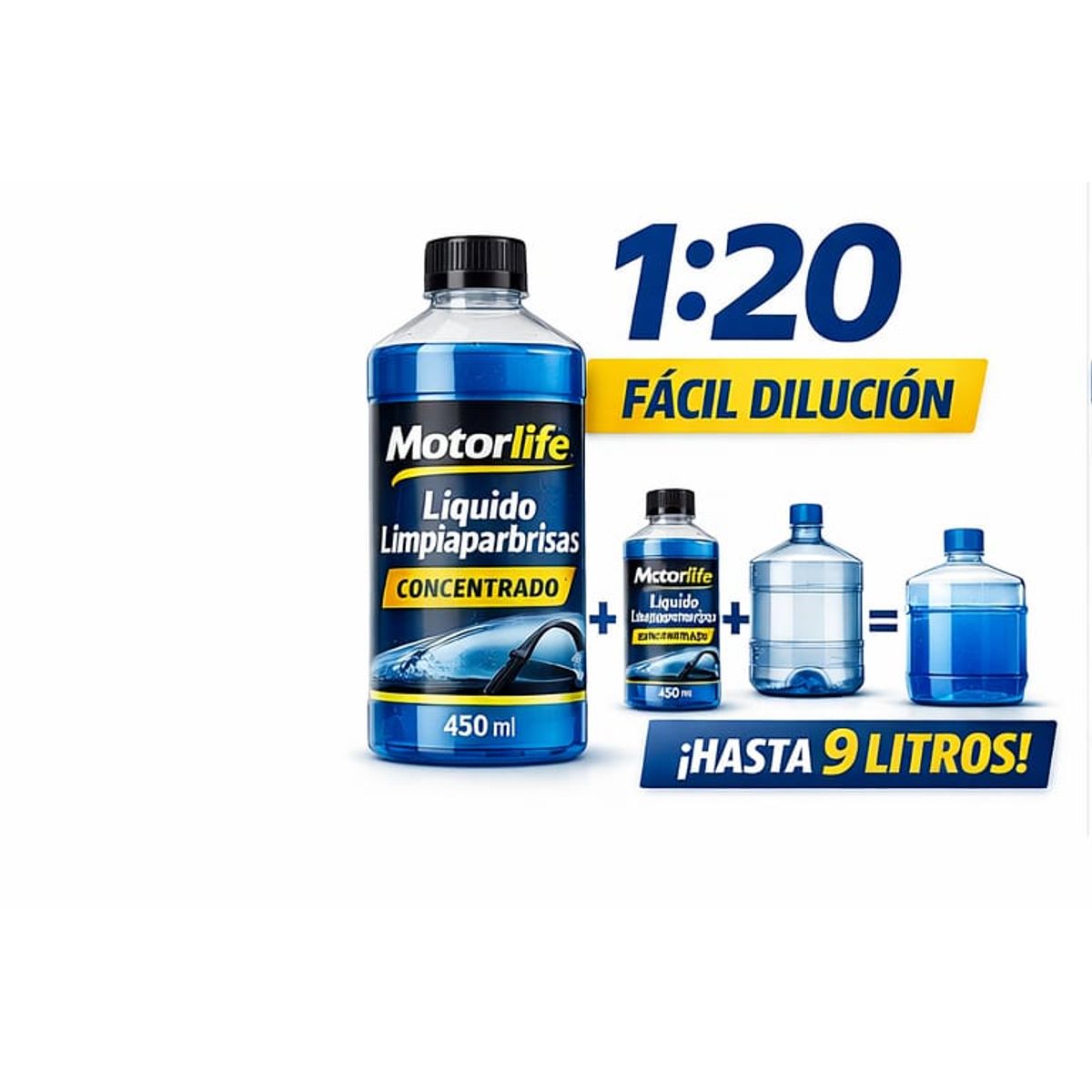 MOTORLIFE - Limpiaparabrisas Concentrado Motorlife 450 ml Alto Rendimiento Hasta 9 Litros