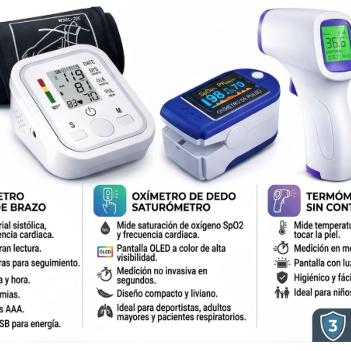 IRM - Pack Tensiometro Digital Brazo + Oximetro + Termometro Infrarrojo Sin Contacto Set Salud Hogar