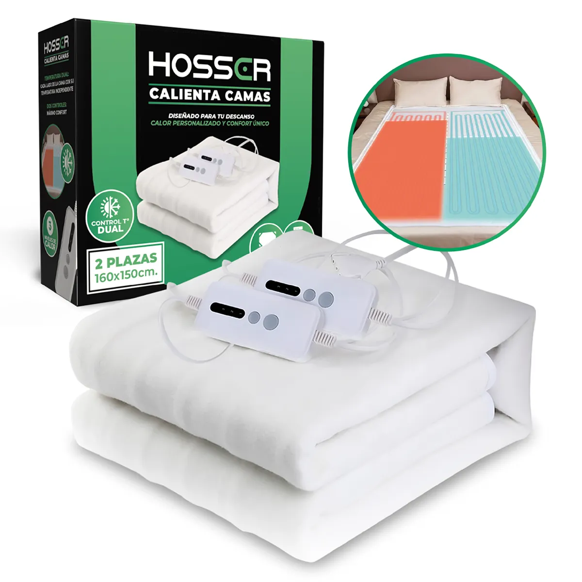 HOSSER - Calienta Camas Electrico 2 Plazas Dual Hosser 160x150cm Doble Control.