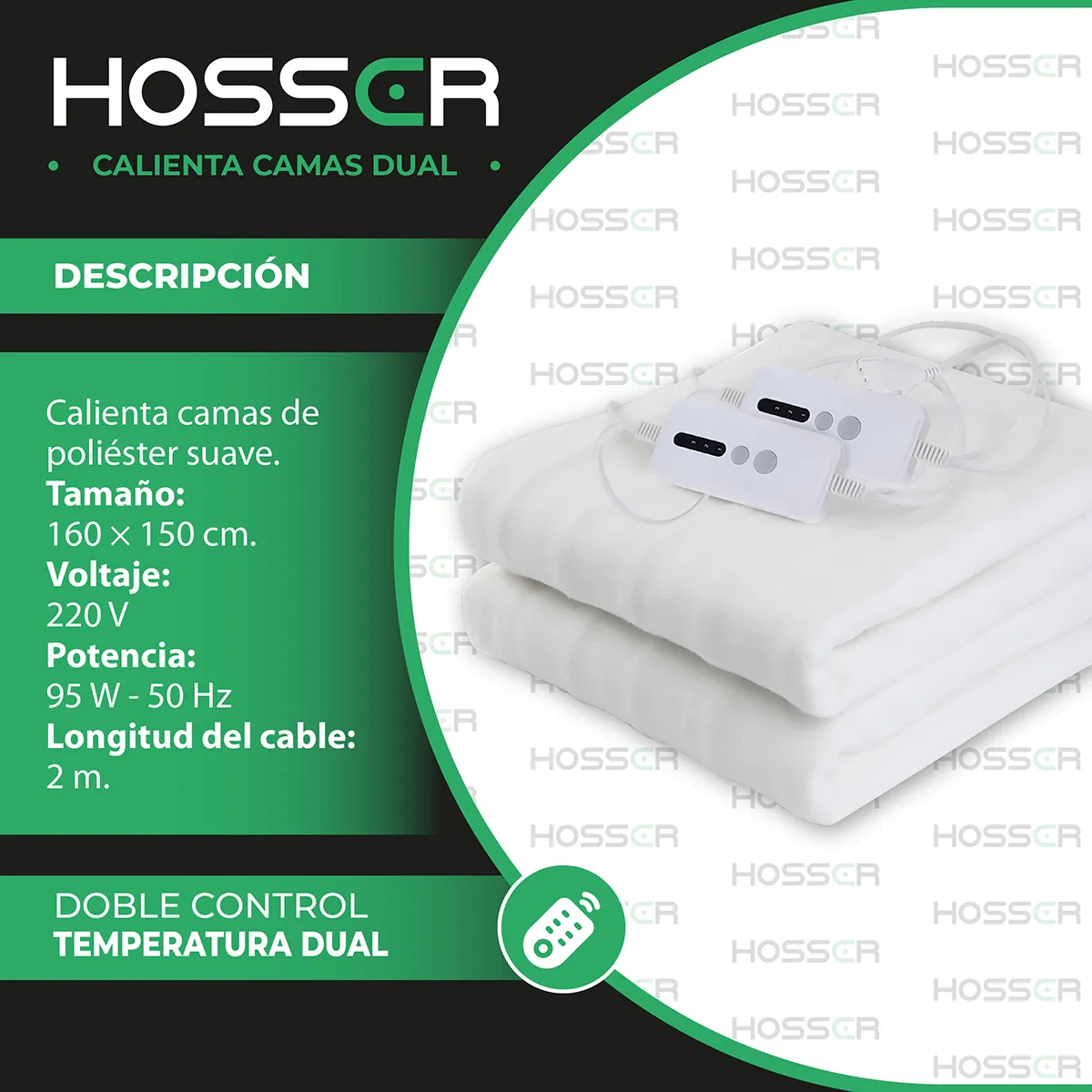 HOSSER - Calienta Camas Electrico 2 Plazas Dual Hosser 160x150cm Doble Control.