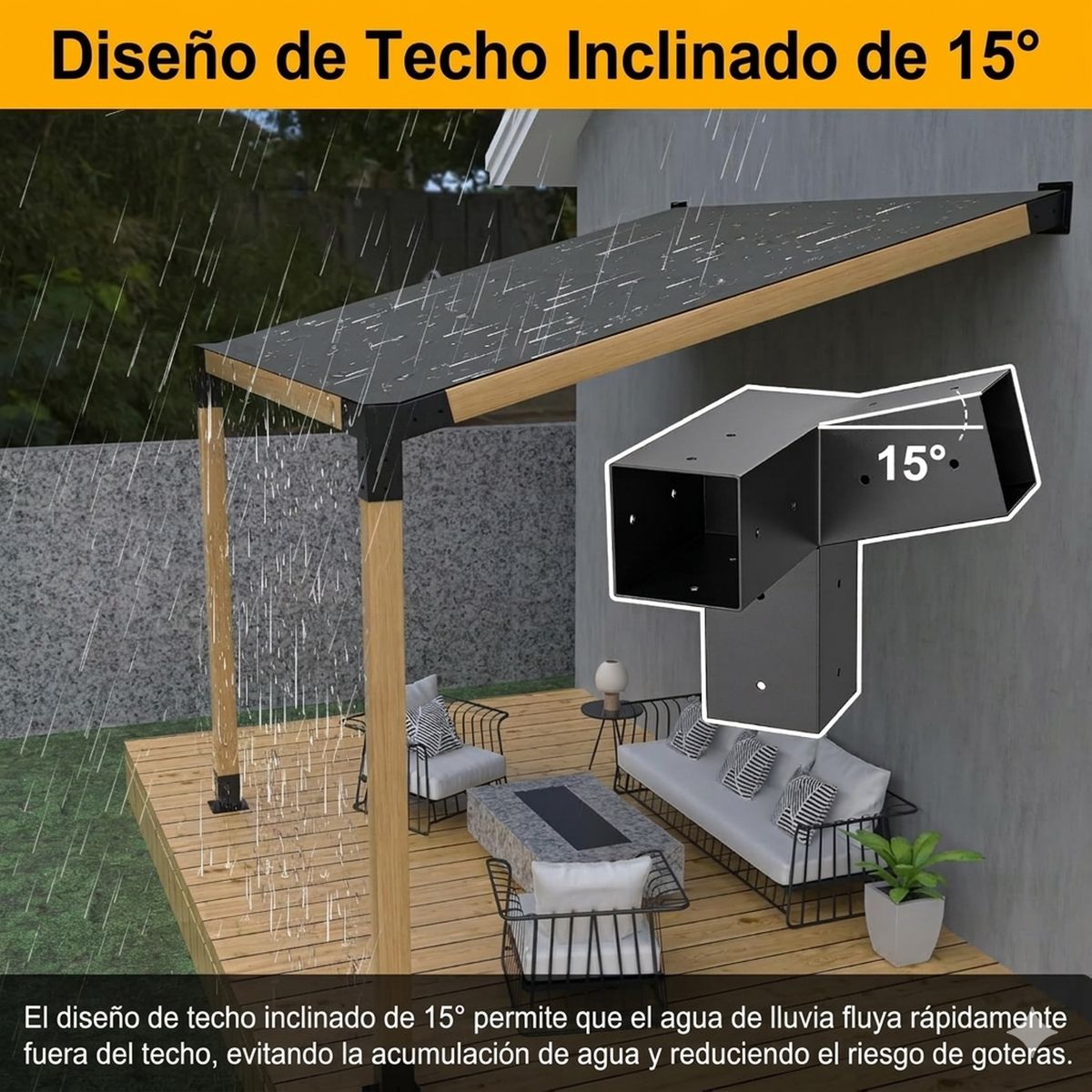 GENERICO - Kit Soportes Pérgola 3 Vías 9x9cm Acero Inclinado 15 Grados