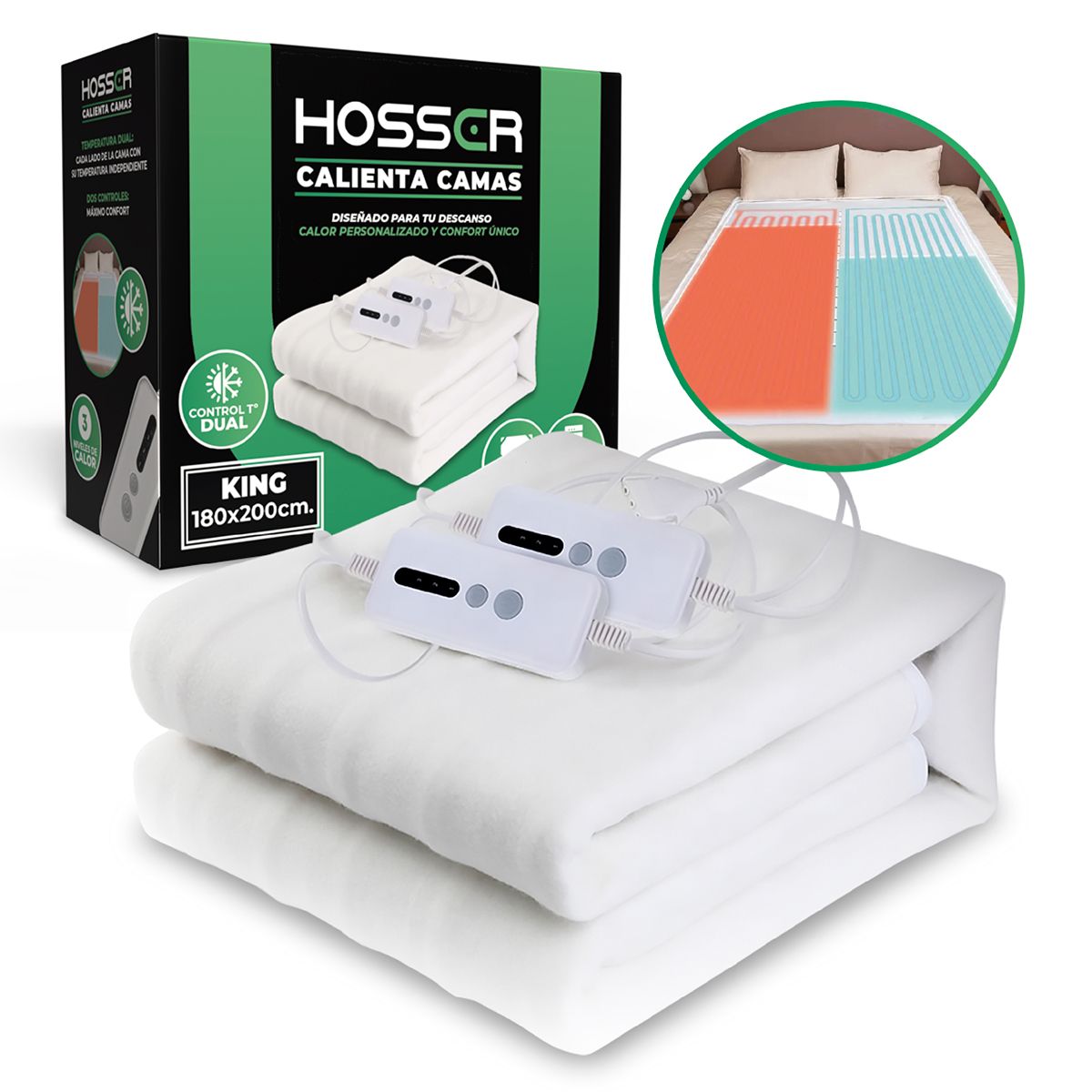 HOSSER - Calienta Camas Electrico King Dual Hosser 180x200cm Doble Control