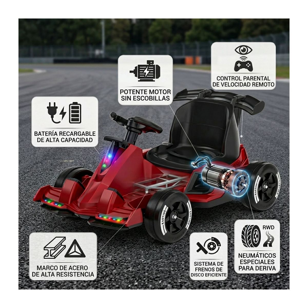AUCKLAND OUTDOOR - Auto Eléctrico Go Kart Infantil Batería Carrera Turbo Rojo