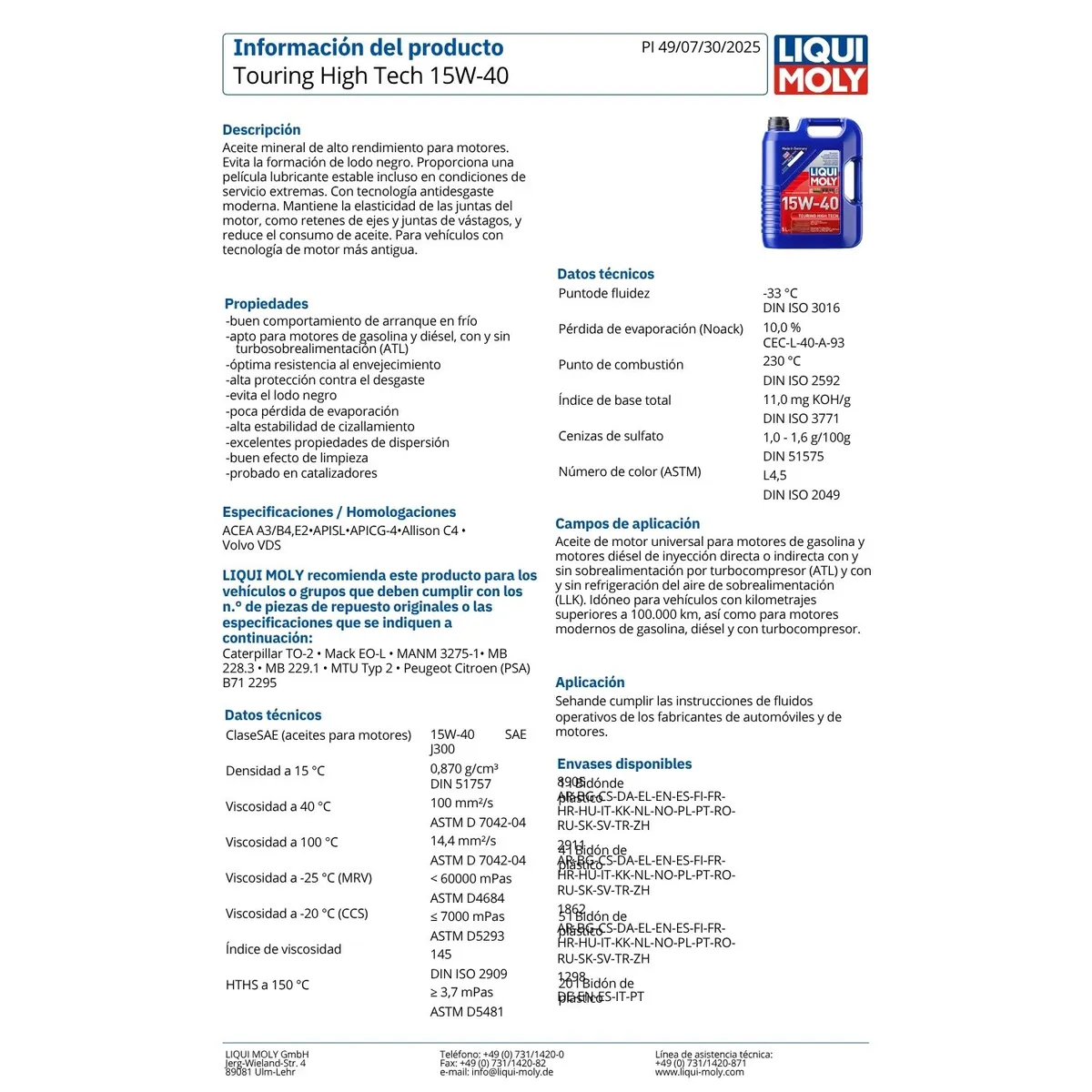 LIQUI MOLY - Aceite para Motor Touring High Tech 15w40 Liqui Moly 5 Lts.