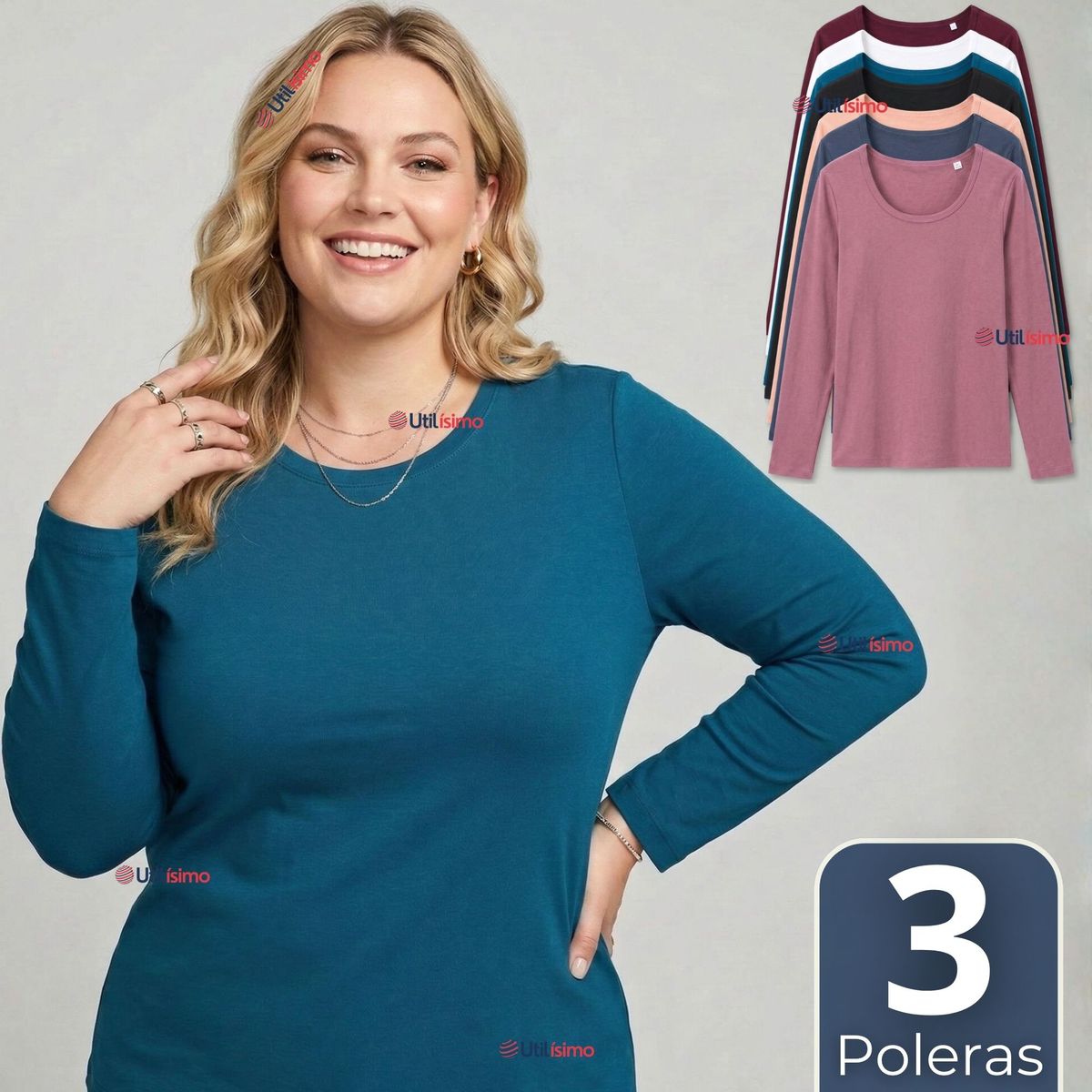 UTILISIMO - Pack 3 Camisetas Poleras Polar Primera Capa Manga Larga Colores Surtidos Mujer