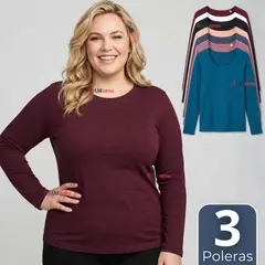 UTILISIMO - Pack 3 Camisetas Poleras Polar Primera Capa Manga Larga Colores Surtidos Mujer