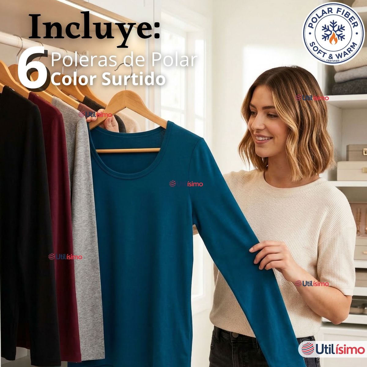 UTILISIMO - Pack 6 Camisetas Poleras Polar Primera Capa Manga Larga Colores Surtidos Mujer