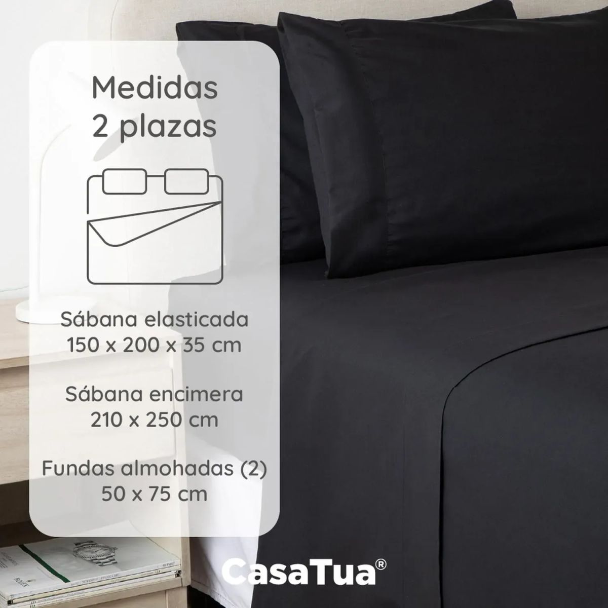 CASATUA - Sabanas 2 Plazas Hotel Casatua Ultra Suave + Fundas - Negro - 2 Plazas