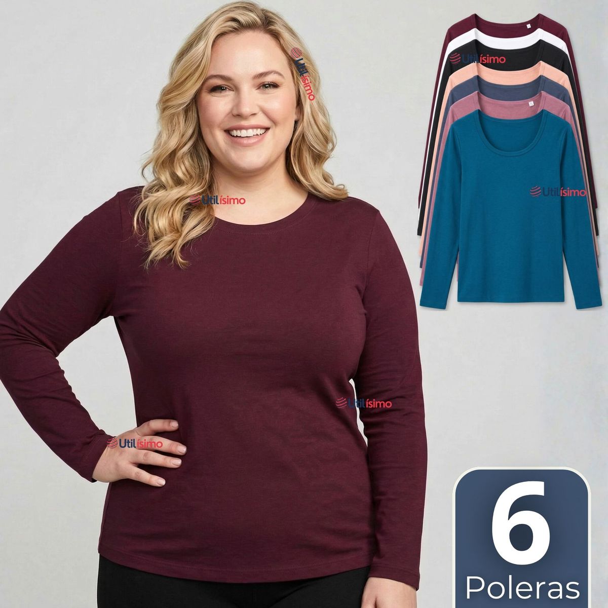 UTILISIMO - Pack 6 Camisetas Poleras Polar Primera Capa Manga Larga Colores Surtidos Mujer