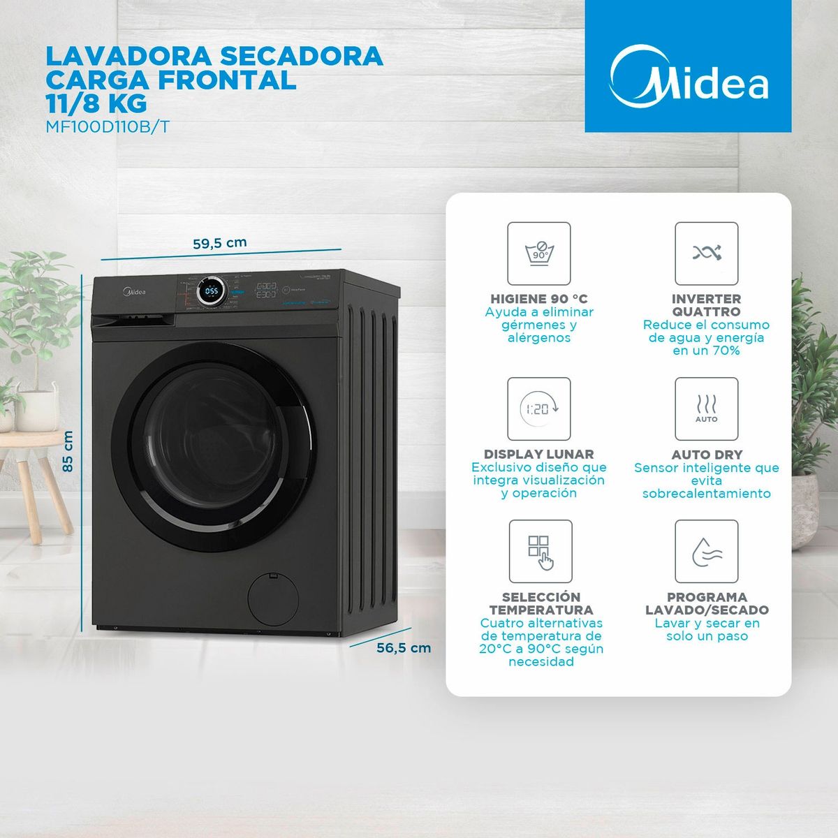 MIDEA - Lavadora-Secadora 11 Kg/8 Kg  Mf100D110B/T Midea