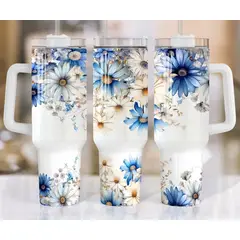 GENERICO - Vaso Térmico flores azules 1.2 Litros Acero Inoxidable con Bombilla